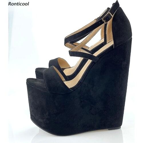 Ronticool Handmade Women 10 Cm Platform Sandals 20 Cm Wedges Heels Open Toe Black Beige Orange Party Shoes Women US Size 5-13