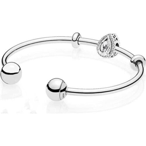 925 Sterling silver Radiant Teardrop Open Bangle and Earrings Set Clear CZ fit DIY Charm Pan Bracelets Jewelry