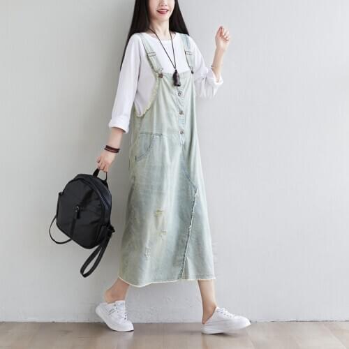 Women Loose Denim Dress Bleached Ripped Holes Strap Jean Dress Vintage Washed Baggy cowboy Dress Female 2020 Holes Dresses