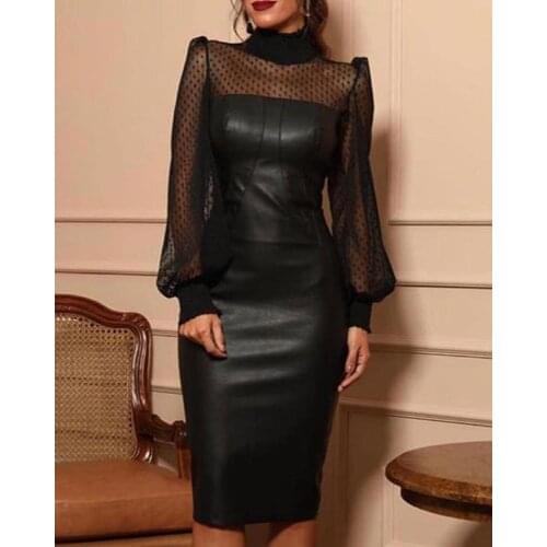 New Spring Summer Elegant Faux Leather Mesh Dot Long Sleeve Black Night Party Dress Ladies Sexy Midi Dresses For Women 2021