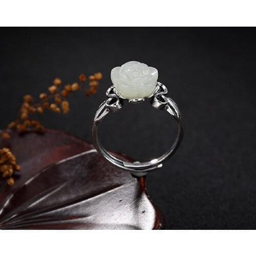 S925 Sterling Silver Vintage Inlaid Natural Hetian Jade White Jade Rose Flower Lady Open Silver Ring