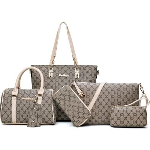 6PCS Women Tote Set Fashion PU Leather Ladies Handbag 8 words Print Messenger Shoulder Bag Wallet Bags Famous brand Designer