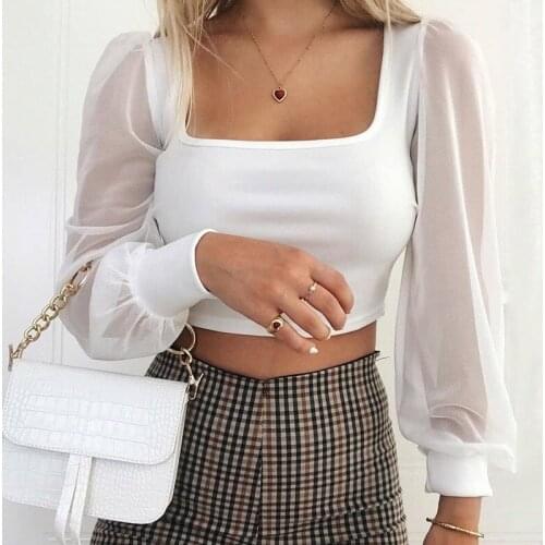 Womens Sexy Blouse See through Solid Lace Mesh Sheer Crop Tops Puff Long Sleeve Evening Party Club Wear Shirt