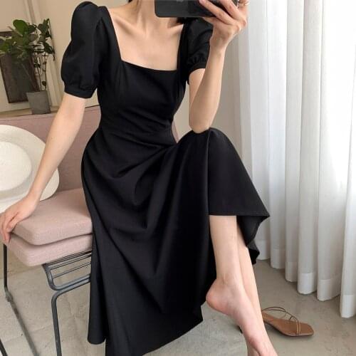 Black Long Dress Female Sweet 2021 Summer New Style Square Collar French Retro Hepburn Puff Sleeve Dresses Women Commute N70Y