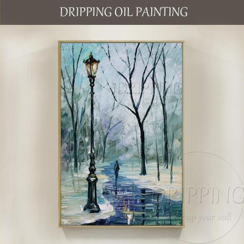 Artist Hand-painted High Quality Snow Scenery Oil Painting on Canvas Special Lonely Road Walker and Street Light Oil Painting