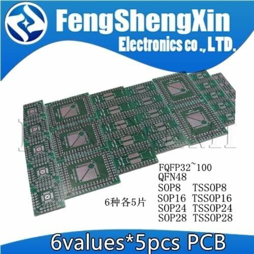 6valuesX5pcs PCB Board Kit SMD Turn To DIP Adapter Converter Plate FQFP SOP8 SOP14 SOP16 SOP20 SOP28 QFP SOP 8 14 16 20 28 TSSOP