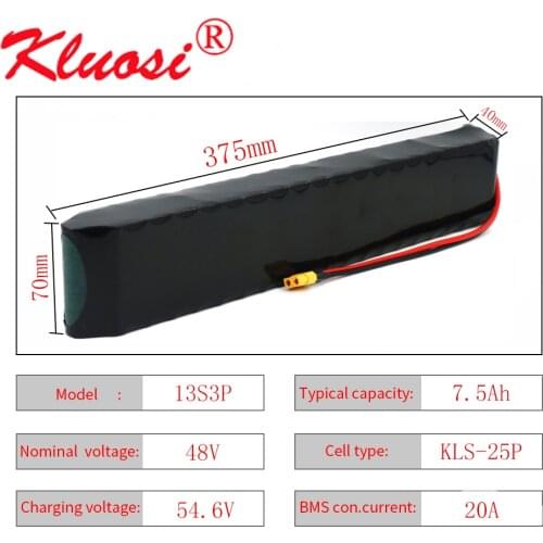 KLUOSI 48V 7.5Ah 8Ah 13S3P 250W~750W 54.6V Rechargeable Lithium Battery Pack Built-in 20A Common Port BMS Scooter Ebike Motor