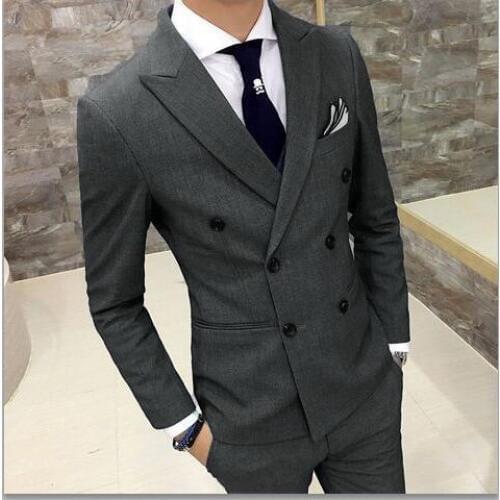 2017 Smoking Grey Suit Men Slim Fit Double Breasted Tuxedo 2 Piece Custom Prom Wedding Suits Blazer Terno Masuclino Jacket+Pant