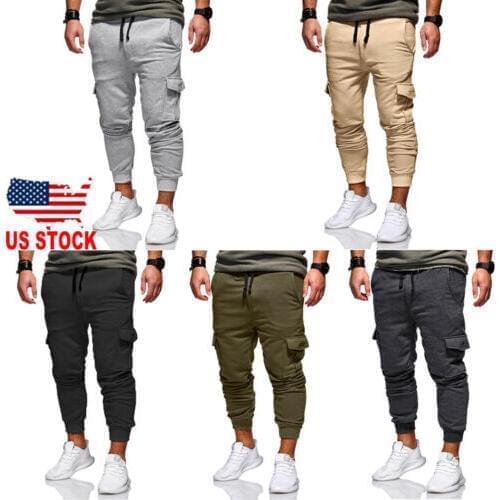 Men Casual Pocket Tracksuit Loose Sport Fit Jogging Joggers Sweat Cargo Pants Trousers