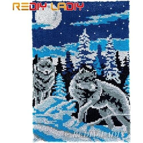 Latch Hook Kits Night Wolves Chunky Yarn Embroidery Crocheting Tapestry Kits Needlework Arts & Crafts DIY Carpet Rug 58*86cm
