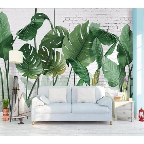 Mural Custom wallpaper, Nordic hand-painted brick wall plant banana leaf long style living room TV background 3d wallpaper
