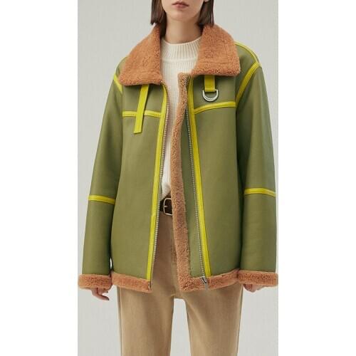 2020 New Womens Shearling Jacket Green Leather Jacket Winter Fur Coat Natural Sheepskin Coat Short Oversize Coat