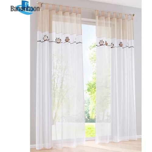 New Arrival Cortinas Dormitorio Cartoon Embroidered Cute Owl Tulle Curtains Sheer Voile Tab Top Hole Window For Bedroom Panel