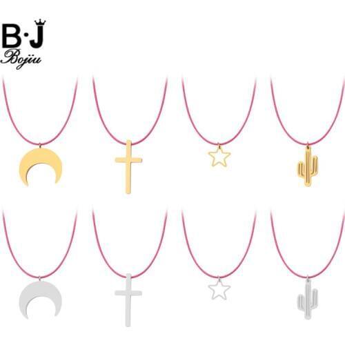 Boho Stainless Steel Geometric Pendant Necklaces For Women Gold Silvery Cross Star Moon Cactus Woven Rope Choker Necklace NKS263