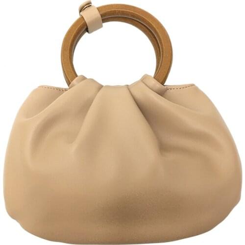 Pleated PU Casual Handbags for Women 2021 Fashion Daily Shoulder Messenger Bags Korean Solid Color Wood Handle Tote Bags