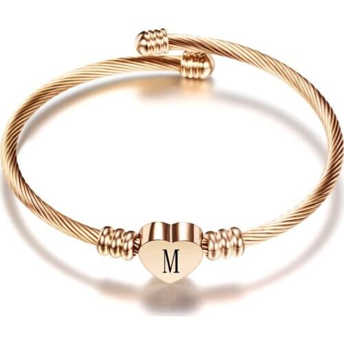 Rose gold Color Stainless Steel Heart Bracelet Bangle With Letter Fashion Initial Alphabet Charms Bracelets For Women