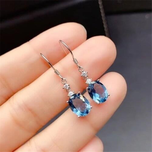 WEAINY Natural London Blue Topaz Earrings,Exquisite and simple earrings,7*9mm Oval Gemstone Dangler