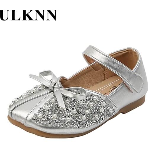 ULKNN Girls Golden Shoes 2021 Kids Square Head Spring Shoes Silver Rhinestone Princess Baby Soft Bottom Single Children Shoes