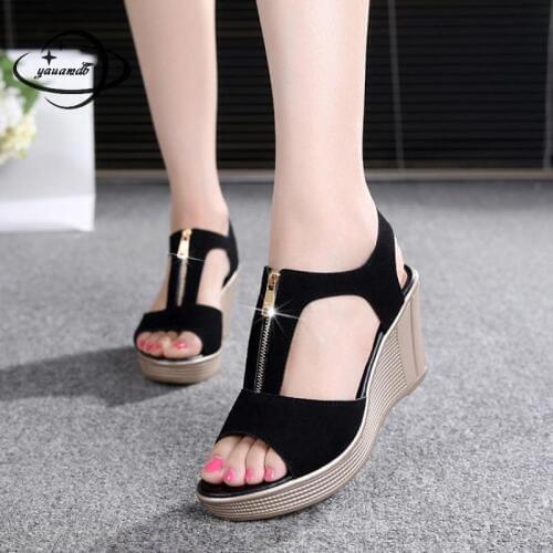 Yauamdb Women Sandals Female 33-43 Summer 8cm High Heels Platform Sandals Zipper Wedges Peep Toe Ladies Gladiator Shoes Ly66