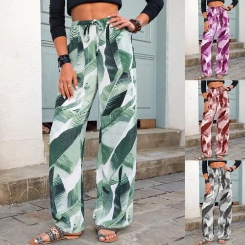Womens High Waist Slimming Super Popular Floral Print 2021 New Baggy Straight Trousers Wide-Leg Pants