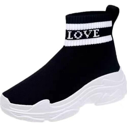 New Women Socks Shoes Breathable High-Top Flats Fashion Sneakers Stretch Fabric Casual Slip-On Ladies Thick Bottom Shoe