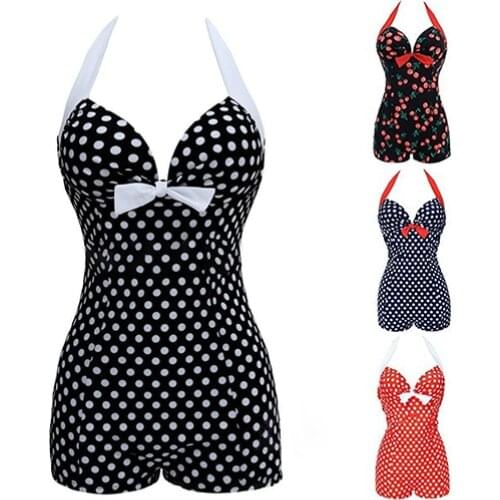 Women One-piece Bathing Suit Dotted Beachwear Push Up Monokini Swimsuit Swimwear Retro Vintage Bathing Suits Beachwear Monokini