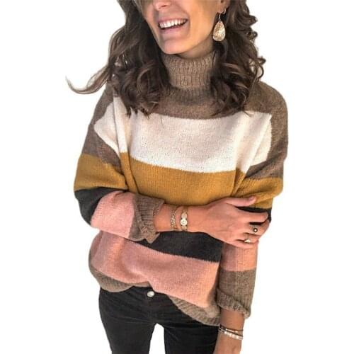 Fashion Sweater Winter Autumn Warm Women Striped Stitched Turtleneck Long-sleeved Knitted Pullover Causal Ladies Jumper