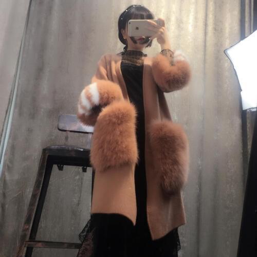 NEW women knitted mink cashmere sweater with big fox fur pocket ladies/girl fashion coat jacket cardigans multi-color sleeve