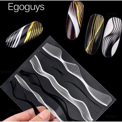 1PC 3D Laser Gold Metal DIY Nail Art Stickers White Black Arc Tape Curved Wave Line Stripe Decals Self Adhesive Transfer Foils