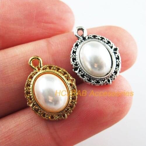 25Pcs Retro Gold Tibetan Silver Tone White Acrylic Oval Charms Pendants 13.5x18mm