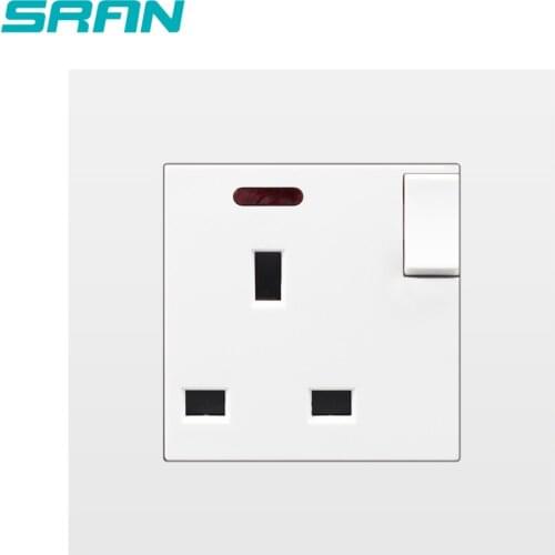 SRAN UK 3 pin power socket with switch,13A 250V white/black/gray/sliver pc panel 86mm*86mm with led indicator wall socket uk