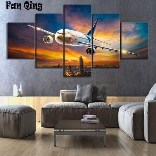Fantasy 5 pcs Diamond Embroidery Full square round Diamond Painting Airplane Cityscape Night View Sunset Landscape art