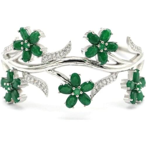 60x30mm Flowers Real Green Emerald Multi Color Created Garnet Peridot Aquamarine Citrine cz Silver Cuff Bangle Bracelet 7.5"