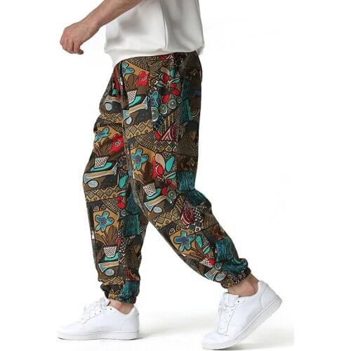 Vintage Cartoon Print Joggers Pants Men 2021 Summer Streetwear Casual Sport Jogging Sweatpants Men Linen Harajuku Trousers Male