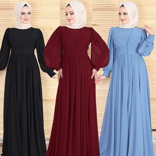 Dubai Kaftan Muslim Abaya Turkish Chiffon Long Dress Women Arab Solid Color High Waist Loose Maxi Robe Moroccan Malaysia