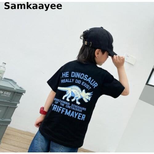 Childrens T-shirt Summer Kids Boys Clothing Cotton Luminous Tees Short Sleeve Tops Dinosaur O-neck Black Fashion Clothes Y50