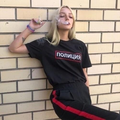 THE POLICE letter Russian large size tees casual vintage punk Harajuku black female short-sleeved loose hip hop fun ins T-shirt