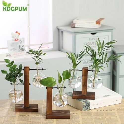 Hydroponic Plant Vases Vintage Flower Pot Glass Wood Transparent Vase Tabletop Plants Planter Home Bonsai Decor Gift for Friend