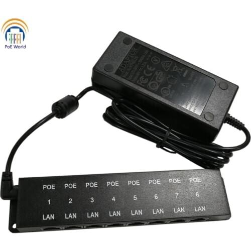 PoE Patch Panel 8 port Ethernet Passive POE injector for CCTV cameras with 1.25A 48 Volt 60 Watt power adapter