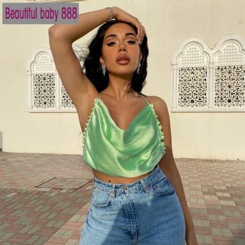 Meqeiss 2020 New Sleeveless Strap Ruffles Fashion Rave Festival Crop Tops Vest Green Halter Sexy Backless Camisole Top Solid