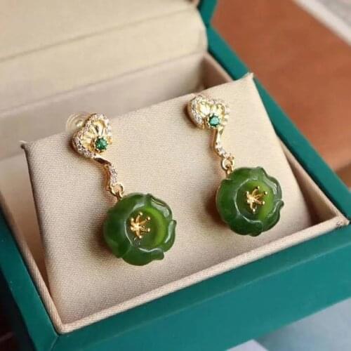 Natural Hetian Jade Eardrops Womens Sterling Silver All-Matching Short Green Earrings Flower Style Super Fairy Original Design