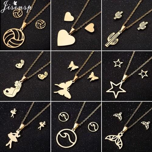 Multiple Gold Stainless Steel Jewelry Sets for Women Cute Butterfly Cactus Wave Volleyball Pendant & Necklace Bijoux Femme 2021