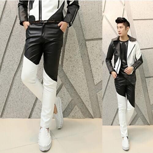 27-44 ! New 2017 Dj costume ds mens clothing personality black white stitching leather pants plus size singer slim costumes