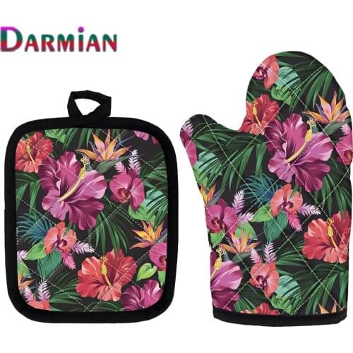 DARMIAN Tropical Hibiscus Flower Creative Design Pattern Kitchen Baking Gloves Microwave Oven BBQ Cooking Gloves and Pad 2Pcs