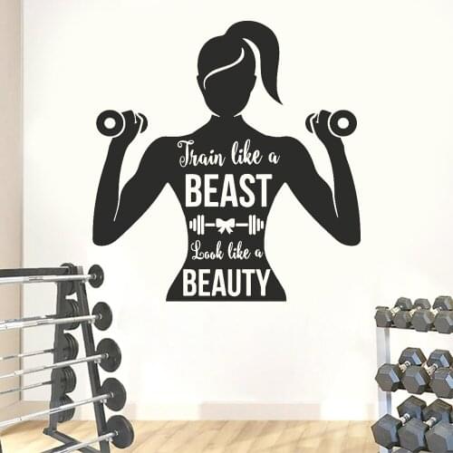 Train Like A Beast Look Like A Beauty Gym Sign Quote Wall Sticker Fitness Bodybuilding Girl Wall Decal Vinyl Decor Mural S001