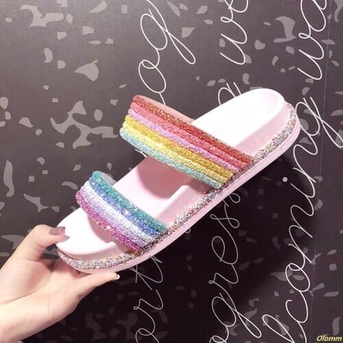 Women Slippers Rainbow Striped Shoes Bling paillette Slides Glitter Soft Flat Summer Beach Sandals Ladies Candy Color Jelly Shoe