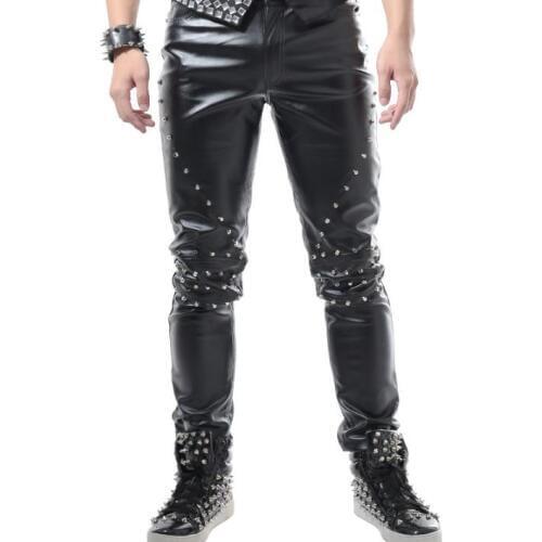 Stage personality men rivets leather pants pu harem pant men feet trousers singer dance rock fashion street style novelty black