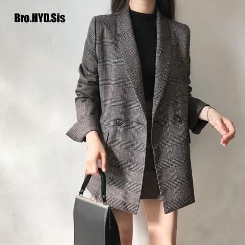 Chic Womens Blazers Plaid Double Breasted with Pockets 2021 Spring New Formal Jackets Checkered Outerwear Lady Tops Coats