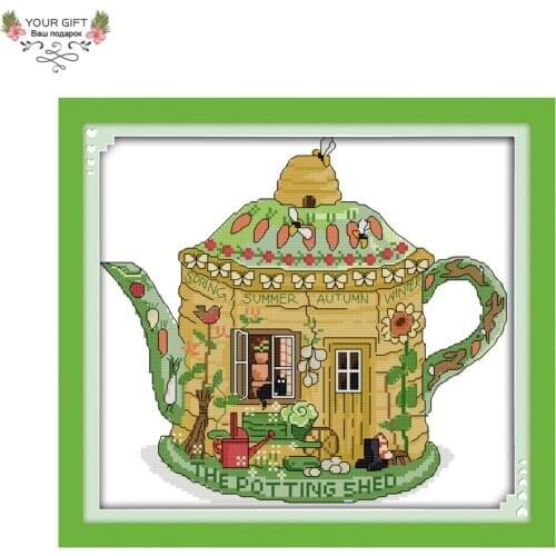 Your Gift 14CT 11CT Counted and Stamped Garden Teapot Cross Stitch Kits for Home Decoration J346