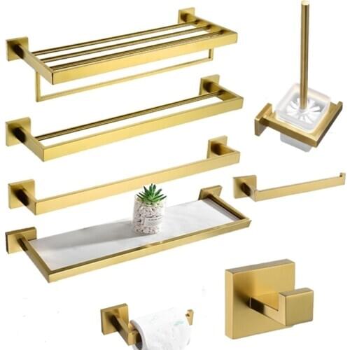 Light Brushed Gold Towel Bar Bathroom Toilet Brush Holder Stainless Steel Towel Rack Shower Shelf Bathroom Accessories